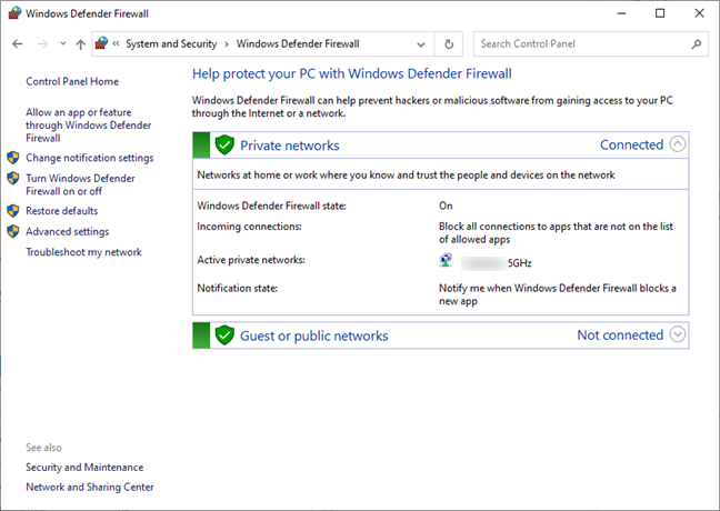 La pagina di Windows Defender Firewall