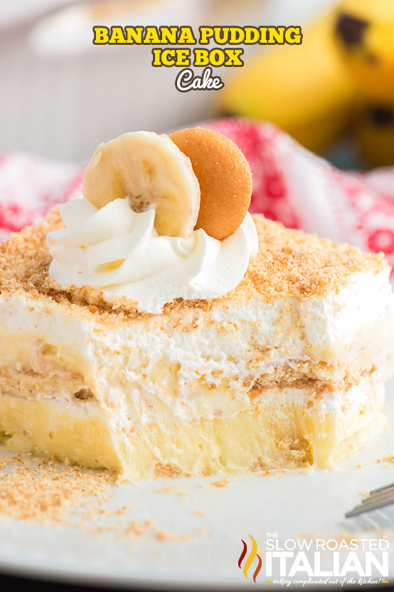 banana pudding cake slice with a bite out of it