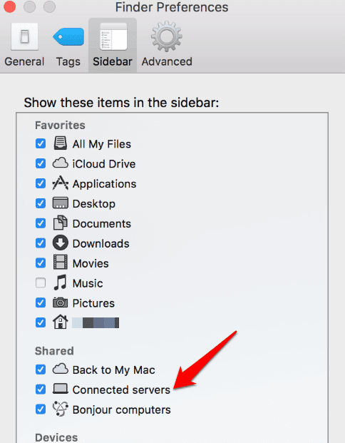 ช่องทำเครื่องหมายเซิร์ฟเวอร์ที่เชื่อมต่อใน Finder Preferences