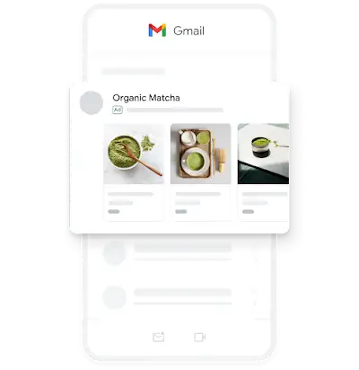 An example of a mobile Demand Gen ad within the Gmail app, featuring several images of organic matcha.