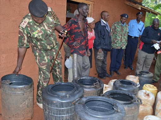 Illicit brews impounded by police during a raid at Gikandu village in Murang'a county