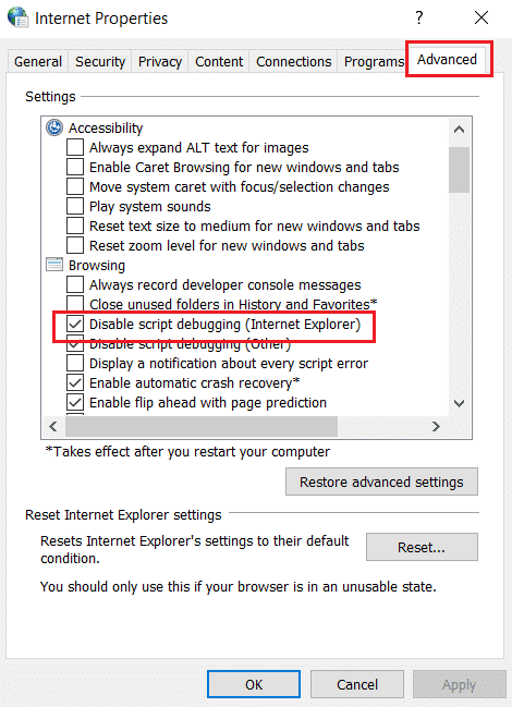 Habilite el script de deshabilitación de depuración de Internet Explorer