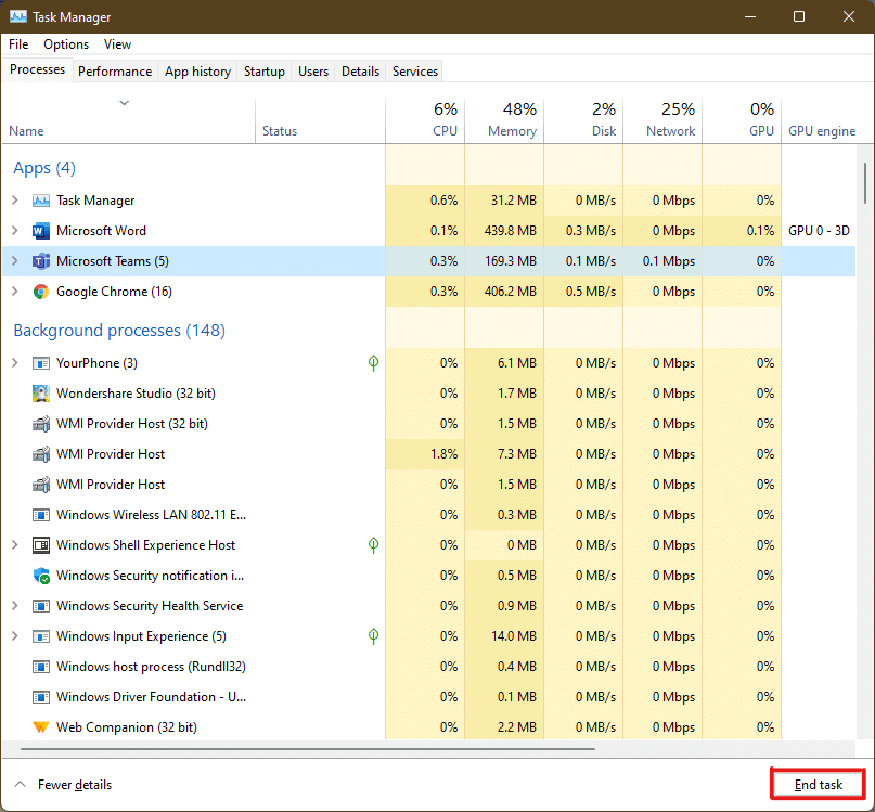 Maintenant, cliquez sur l'option Fin de tâche dans le coin inférieur droit pour quitter l'application problématique.