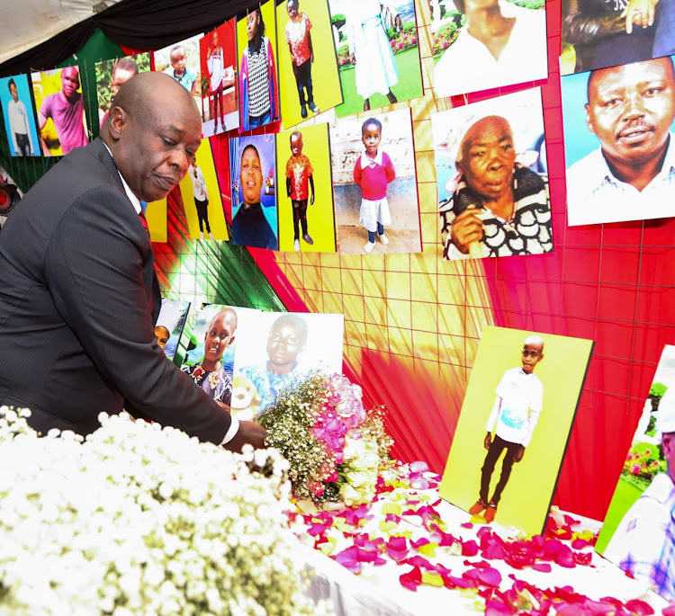 Deputy President Rigathi Gachagua at Mor Gas Grounds, Maai Mahiu, laying flowers for the victins of the flash floods on May 9, 2024.