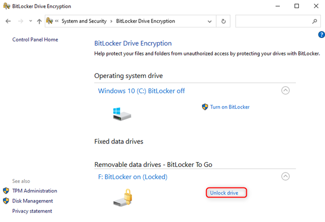 Разблокируйте диск BitLocker из панели управления.