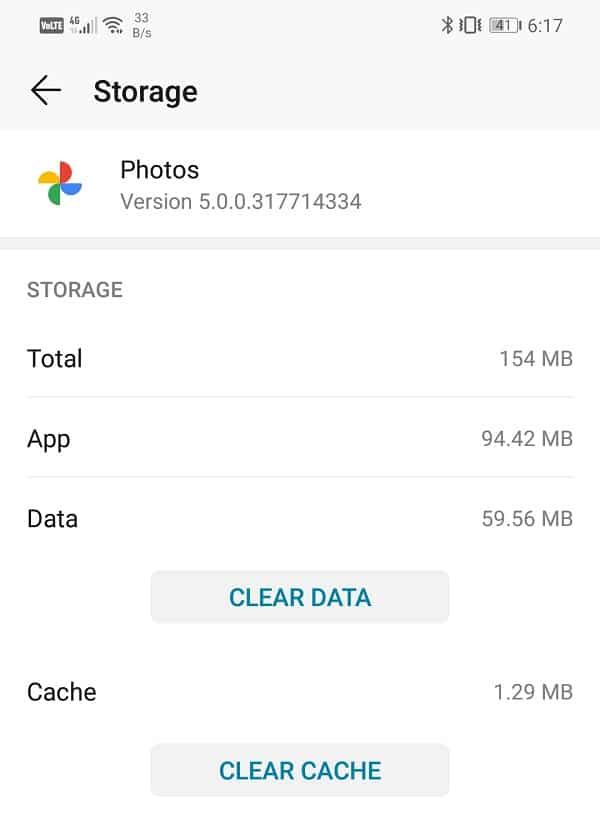 คลิกที่ปุ่มล้างแคชและล้างข้อมูลตามลำดับสำหรับ Google Photos