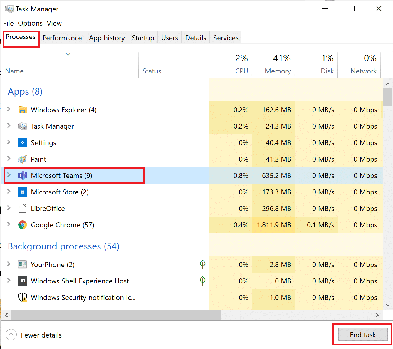 작업 끝내기 버튼을 클릭하십시오 |  Microsoft Teams가 계속 다시 시작되는 문제 수정