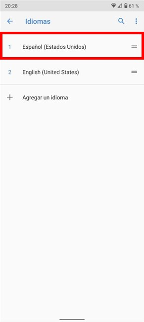 Android inizia a utilizzare la nuova lingua non appena la trascini in alto