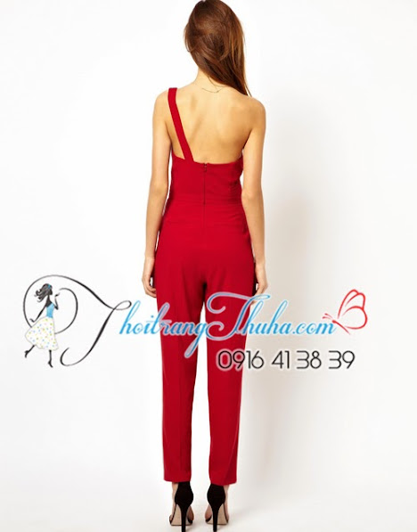 Jumpsuit Đồ Bay Đỏ Lệch Vai Ống Đứng