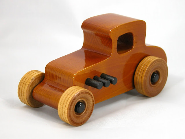 Handmade Wood Toy Car Hot Rod Freaky Ford 27 T Coupe Pine Amber Shellac and Black Trim