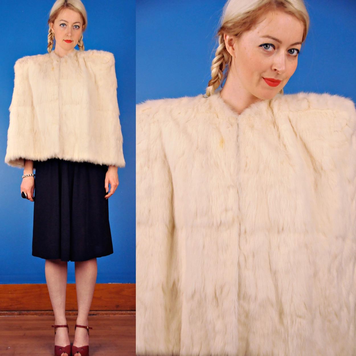 Fabulous White Rabbit Fur Vintage 40s WWII Wedding Cape Coat XS S M