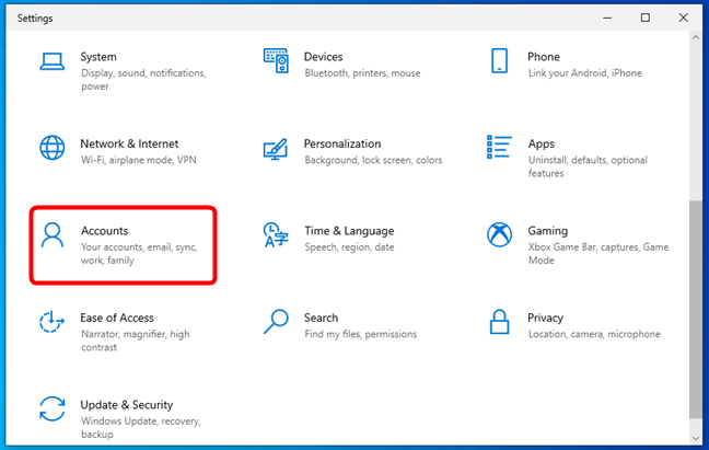 Acceda a la sección Cuentas desde la aplicación Configuración de Windows 10