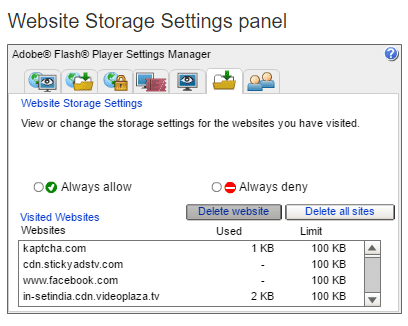 webiteストレージ設定パネルAdobeFlashPlayer