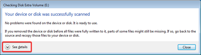 ผลลัพธ์ของ Check Disk (chkdsk) ใน Windows 7