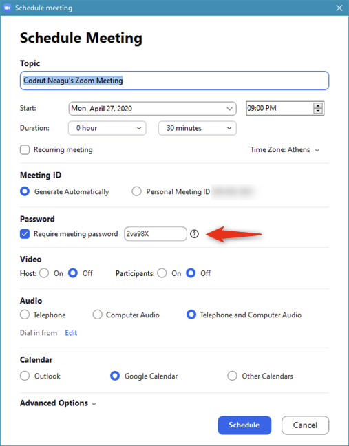 Configuración de la contraseña para una reunión de Zoom programada