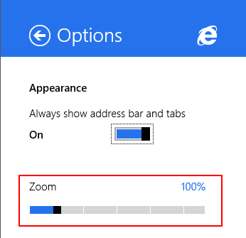 Internet Explorer, Windows 8.1, การกำหนดค่า, ตัวเลือก, การแสดงผล, การตั้งค่า