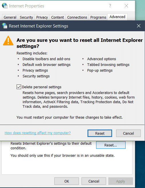 Marque "Eliminar configuración personal".  Después de esto, presione "Reset" para completar el proceso.