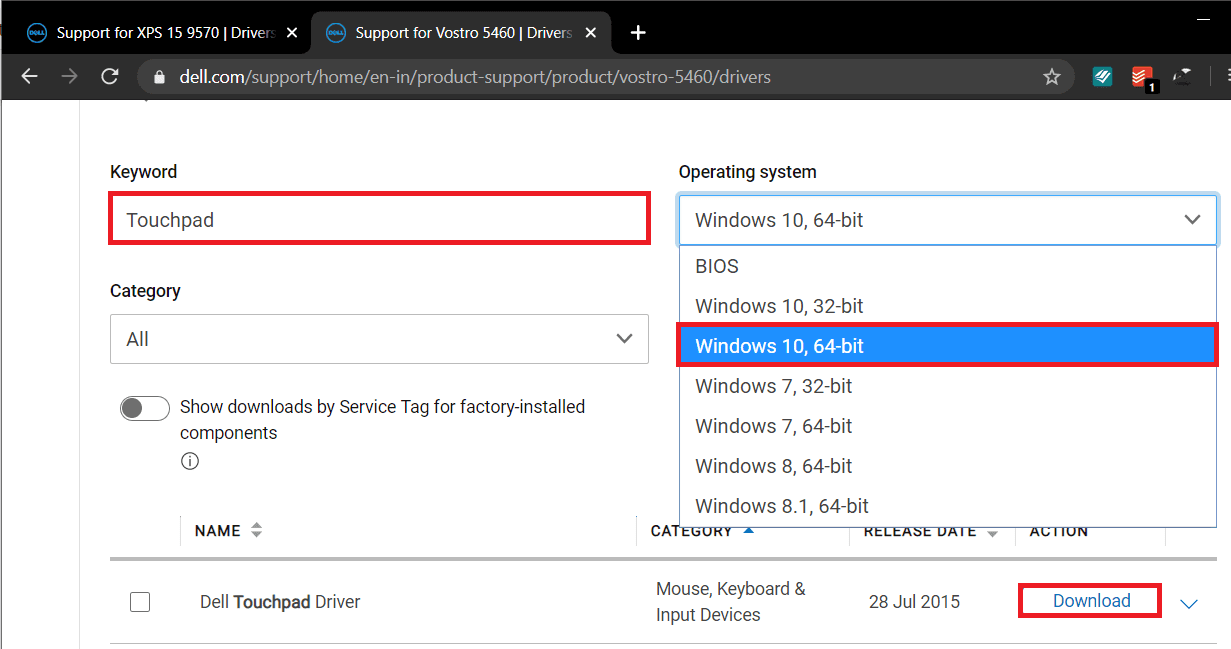 Wpisz Touchpad w polu tekstowym i wybierz swój system operacyjny, architekturę systemu