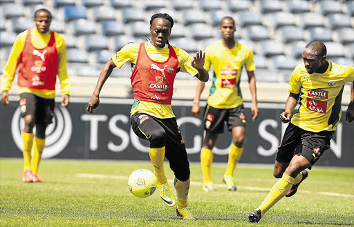 Reneilwe Letsholonyane controls the ball during Bafana Bafana training at Orlando Stadium yesterday. The team will face Zimbabwe in a friendly international at the same venue tonight