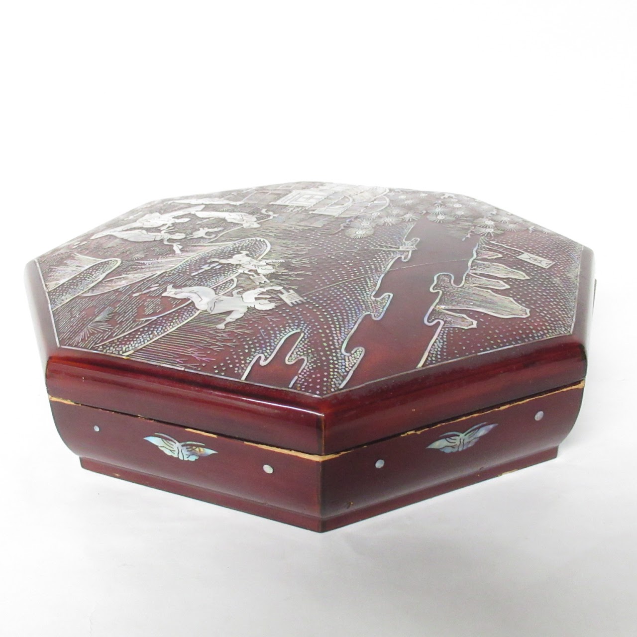 Chinese Wood & Mother Of Pearl Octagonal Box
