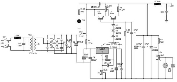 0-28V 8A Power Supply LM317  2N3055