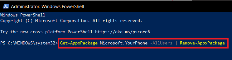 Para desinstalar la aplicación Your Phone, escriba el comando |  Desinstalar o eliminar YourPhone.exe en Windows 10