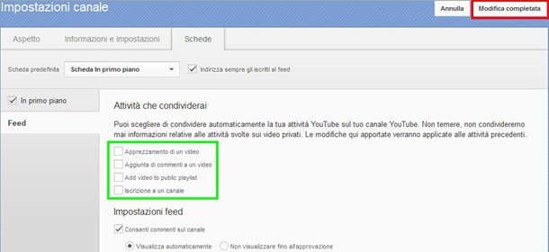 Opzioni Attività che condividerai YouTube