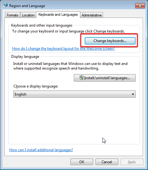 Cambiar teclados en la ventana Región e idioma en Windows 7