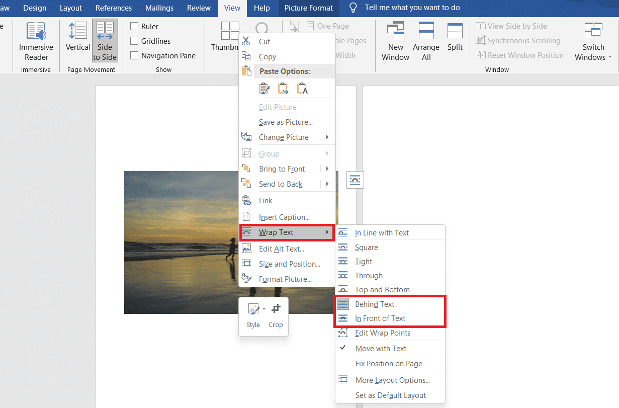 次に、画像を右クリックして、[テキストを折り返す]オプションをクリックします。 画像をWordファイルで自由に折り返して移動するには、[テキストの後ろ]または[テキストの前]を選択します。