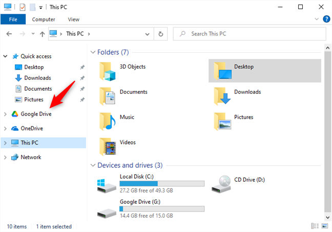 ขณะนี้ Google ไดรฟ์แสดงเป็นเอนทิตีแยกต่างหากในแผงการนำทางจาก File Explorer