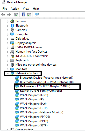 ดับเบิลคลิกที่ส่วน "Network Adapters" เพื่อขยายและเลือก Wireless adapters  คลิกขวาที่อะแดปเตอร์ windows และเลือก "ปิดการใช้งานอุปกรณ์"