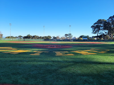 Pitcher from home plate at Sollecito Baseball Field in Monterey, CA before an exhibition game