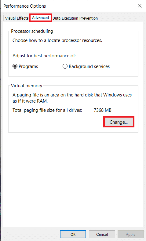 คลิกที่ Change… ภายใต้ส่วน Virtual Memory ของแท็บ Advanced |  วิธีเพิ่ม RAM บนพีซี Windows 10 ของคุณ