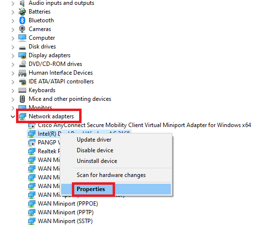 Haga clic derecho en su adaptador de red y seleccione la opción Propiedades.  Arreglar Internet sigue cayendo en Windows 10