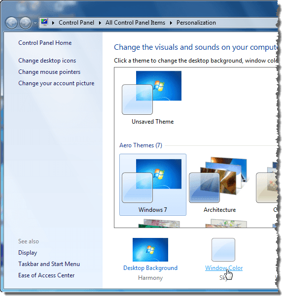 Windows 7의 개인 설정 창에서 창 색상 클릭