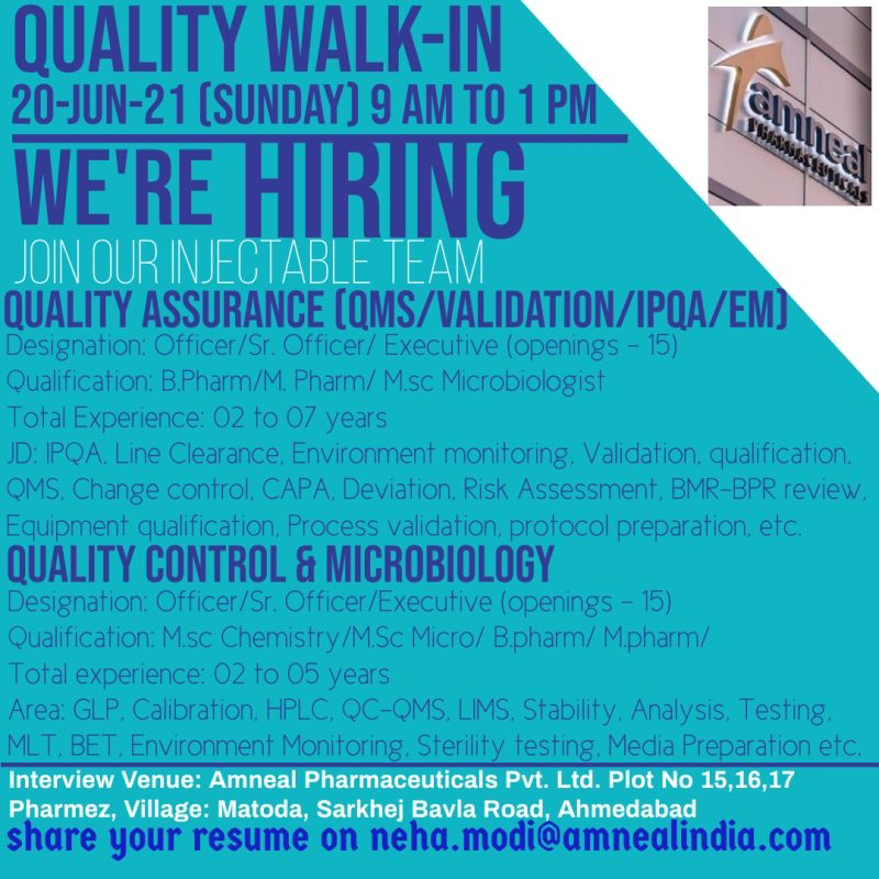 Amneal Pharma Limited Job Opening For QA(QMS/ VALIDATION/ IPQA/ EM)/ QC ...