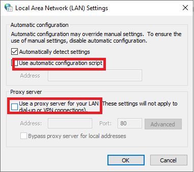 .  Para desactivar las opciones Usar configuración de servidor proxy y automatizado, desmarque sus casillas