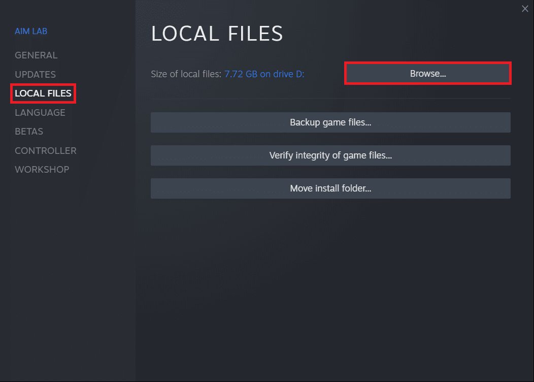 Sección de archivos locales en la ventana de propiedades en Steam PC Client