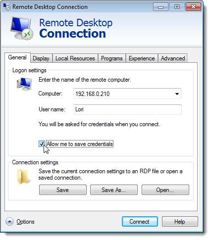 원격 데스크톱 연결 대화 상자에서 자격 증명을 저장할 수 있음 옵션