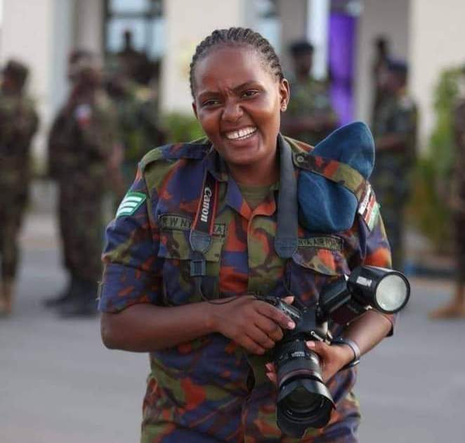 Sergeant Rose Nyawira. She is an aircraft technician and was among the official photographers at the Kenya Airforce, attached to the CDF.