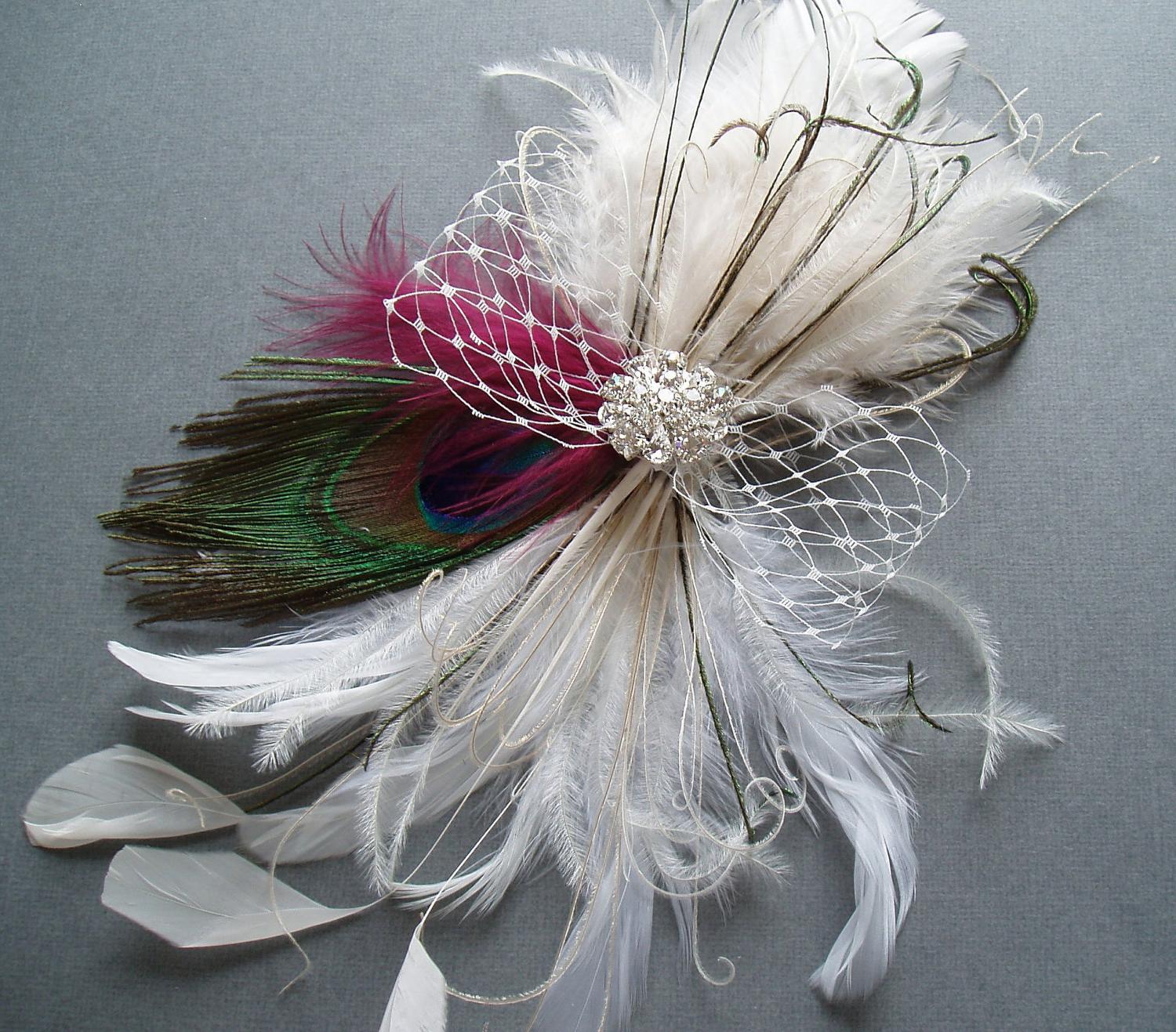 Ivory Peacock Feather Wedding Hair Clip - Bridal Fascinator with Rhinestone