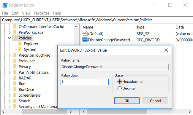 Nommez ce DWORD comme DisableChangePassword et définissez sa valeur sur 1