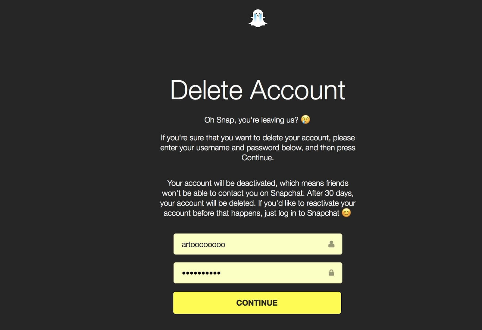 Dopo aver inserito nuovamente i tuoi dati, tocca il pulsante Continua |  Come disabilitare temporaneamente l'account Snapchat