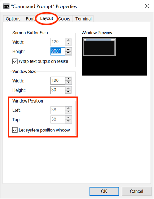 ใช้ช่องด้านซ้ายและด้านบนเพื่อเปลี่ยนตำแหน่งของหน้าต่าง <em>Command Prompt</em> บนหน้าจอของคุณ