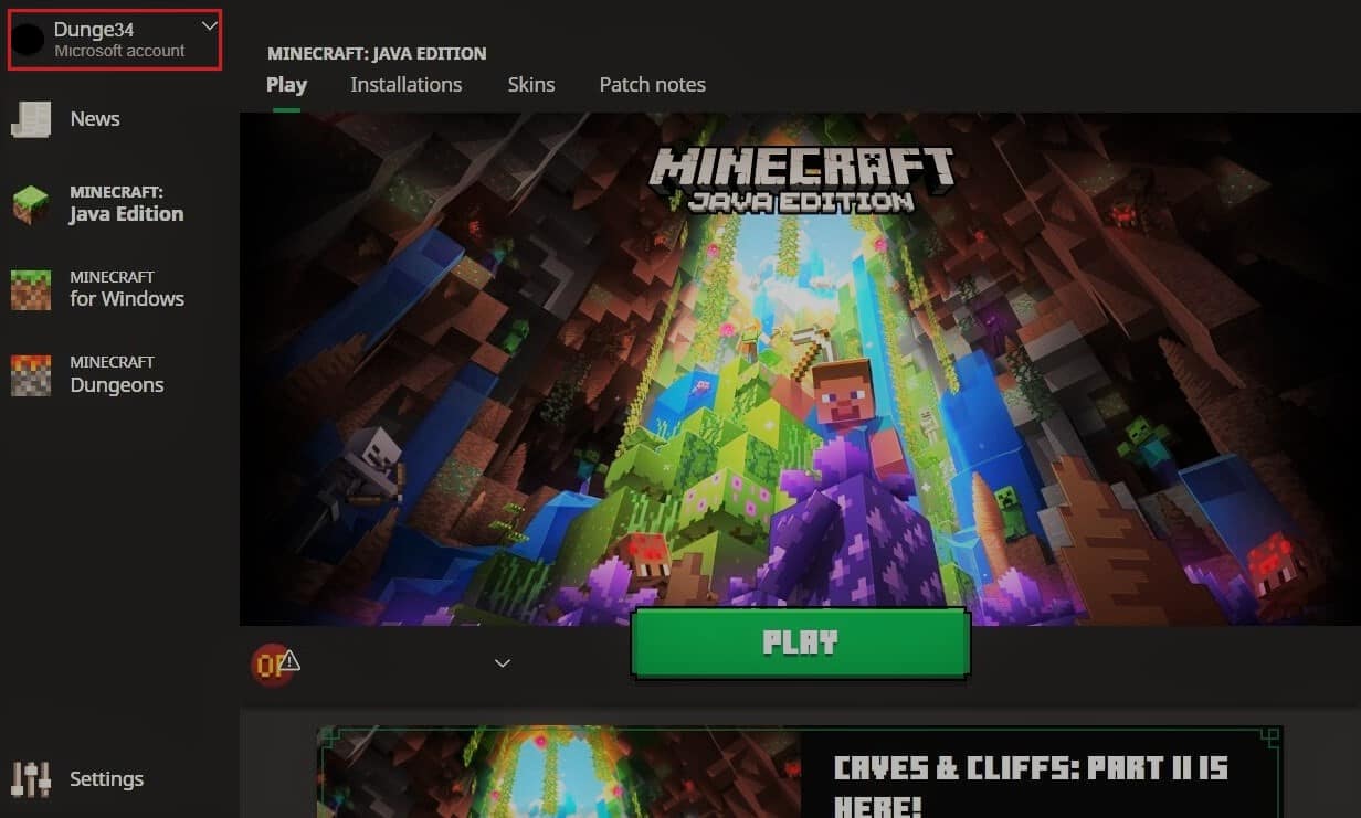 单击 Minecraft 应用程序中的用户名。 修复 Minecraft 无法在 Windows 10 中验证您的连接