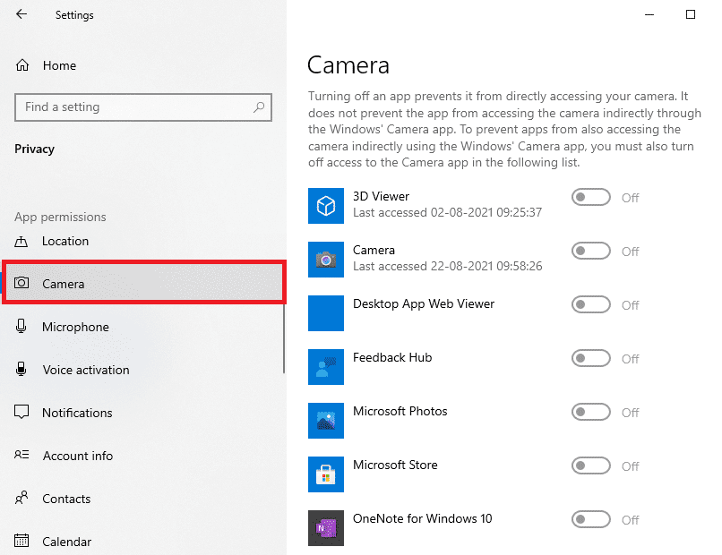 Ora scorri verso il basso e individua la Fotocamera nel riquadro di sinistra e disattiva tutte le applicazioni/programmi in Scegli quali app di Microsoft Store possono accedere alla tua fotocamera come mostrato di seguito