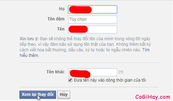 nhập tên facebook mới