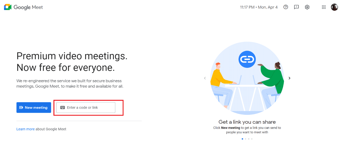 Přejděte na stránku Google meet a znovu se připojte ke schůzce zadáním kódu schůzky