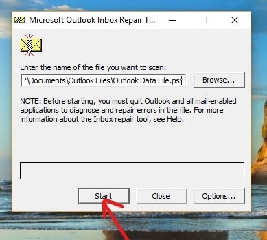 Po załadowaniu wybranego pliku kliknij przycisk Start |  Napraw uszkodzone pliki danych programu Outlook