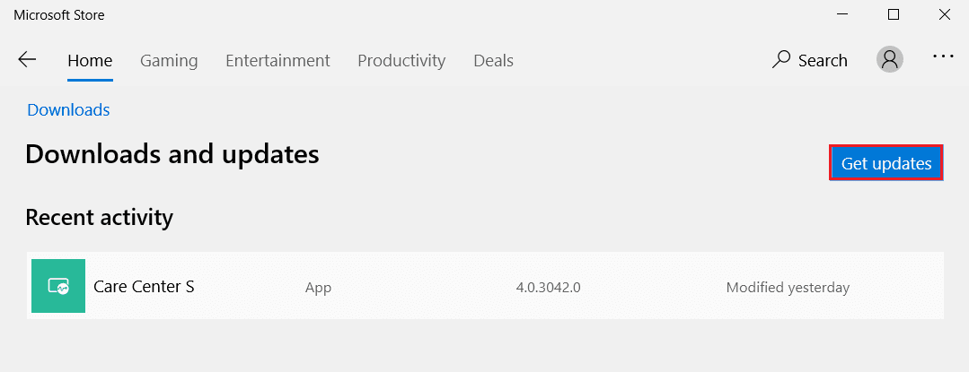 fare clic sul pulsante Ottieni aggiornamenti nel menu Download e aggiornamenti di Microsoft Store